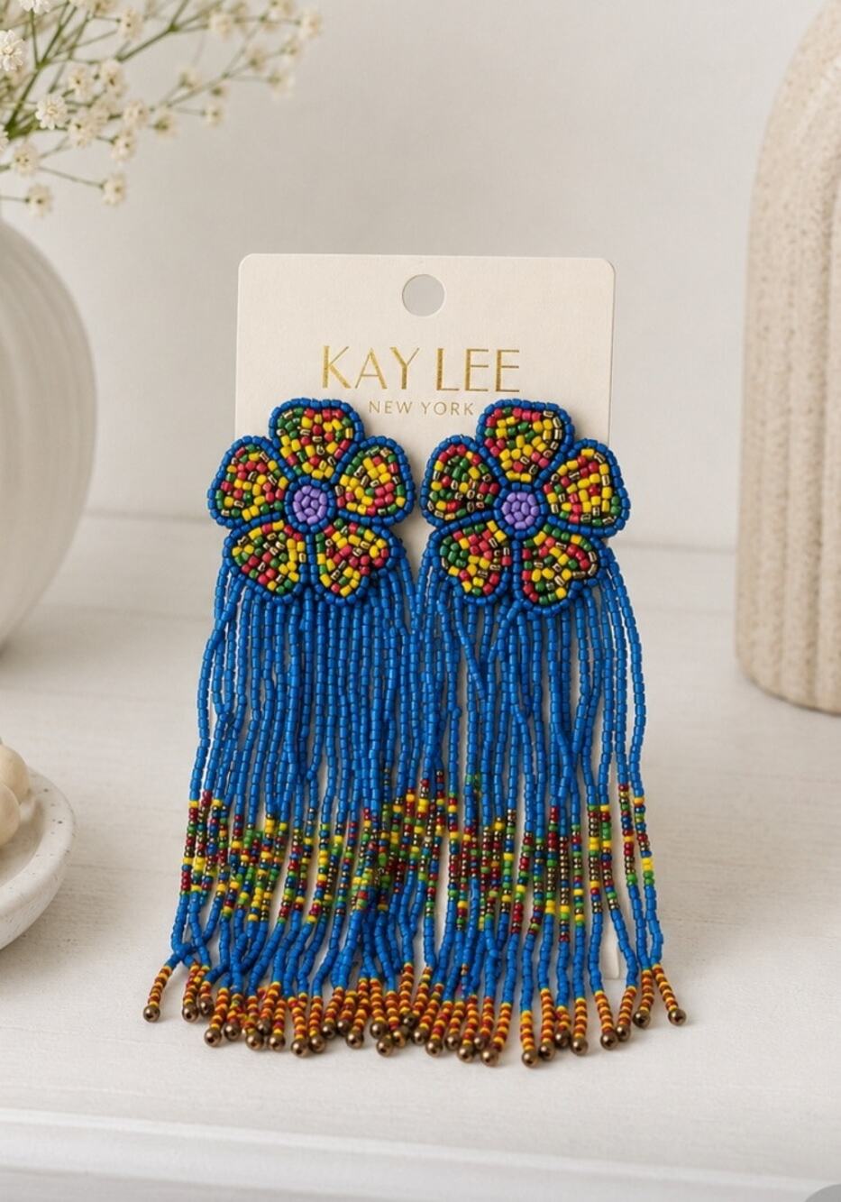 Kay Lee Blue Flower Fringe Boho Earrings New
